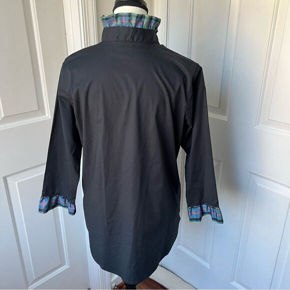 NWT Pearly Vine Black Ruffled Tartan Collar Button down blouse Small Petite - Picture 4 of 5